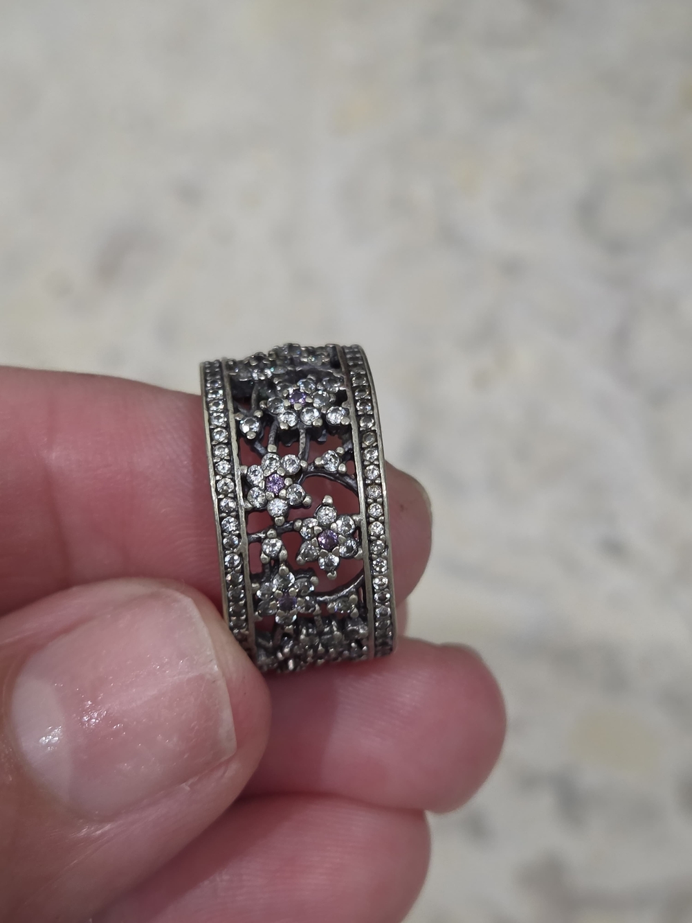Pandora Silver Floral Crystal Filigree Wide Band Ring